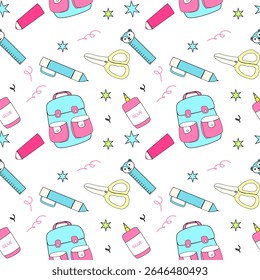 Colorful school supplies pattern for education projects and stationery design.