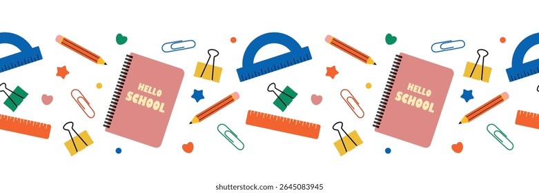 Colorful School Supplies Seamless Border. School supplies such as notebooks, rulers, pencils, and paper clips. Designed with a playful style for educational themes.