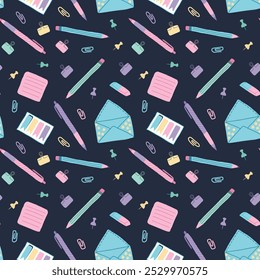 Colorful School Supplies Seamless Pattern on Dark Blue Background. Concept of Education, Stationery, Creative Design, Back to School. Seamless Design for Fabric, Wallpaper, or Wrapping Paper