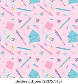 Colorful School Supplies Seamless Pattern on Pink Background. Concept of Education, Stationery, Creative Design, Back to School. Seamless Design for Fabric, Wallpaper, or Wrapping Paper.