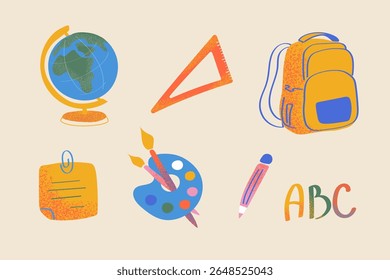 Material escolar colorido com mochila separada, globo, lápis paleta e ABC para projetos de classe, mídia educacional e ilustrações temáticas para crianças