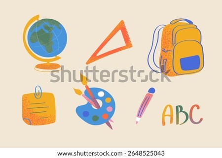 Colorful school supplies with separate backpack, globe, pencil palette and ABC for class projects, educational media and kids themed illustrations