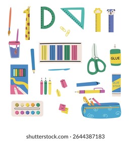 Colorful school supplies set for classroom organization and creativity. Stationery, educational supplies. Back to school items