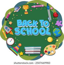 Colorful school supplies surrounding 'Back to School' text