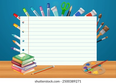Colorful school supplies surrounding a blank notebook