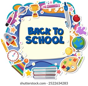 Colorful school supplies surrounding text