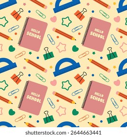 Colorful School Supplies Vector Seamless Pattern. Colorful assortment of school supplies, including notebooks, pencils, rulers, and paper clips. Perfect for educational design projects.