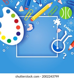 Colorful School supplies. Welcome Back to School. Paper cut style School Items in Blue Background. Top view and copy space.Vector