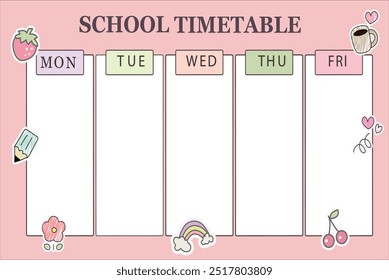 Colorido horario escolar con un completo horario semanal, decorado con flores y un fondo rosa. Perfecto para planificadores educativos y estudiantes que buscan un diseño elegante y funcional.