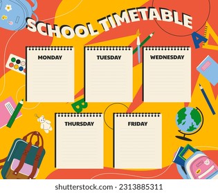 Colorful school timetable concept. Organization of effective educational process and time management. Planning and scheduling. Learning and training. Cartoon flat vector illustration