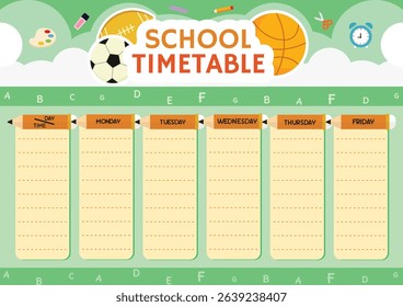 Colorful School Timetable with Learning Tools. Featuring Fun Icons of  Cute Cartoon and School Supplies.