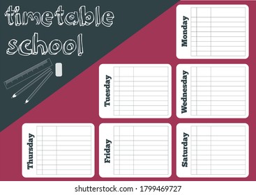 Colorful school timetable with rose and dark green abstractions. Landscape orientation. Vector illustration.