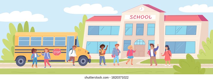 Colorful school yard and kids cartoon vector illustration