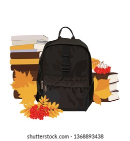 Colorful schoolbag with school supplies. Backpack with zippers isolated on white background. Vector illustration.
