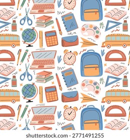 Colorful school-themed illustration featuring various educational items like books, a globe, a laptop, and stationery arranged in a playful pattern on a white background