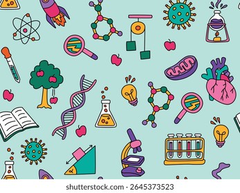 Colorful science background seamless pattern. Science and education theme wallpaper, background, backdrop.