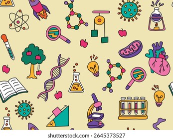 Farbige Wissenschaft Hintergrund nahtlose Muster. Wissenschaft und Bildung Thema Tapete, Hintergrund, Hintergrund.