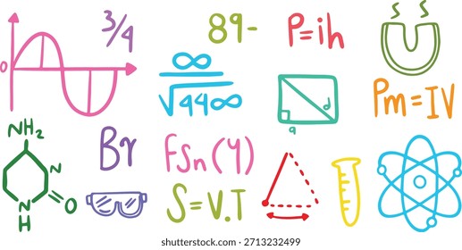 Colorful science doodle vector set featuring chemistry formula, physics equation, math symbols, lab tools, and experimental icon. Perfect for STEM project, education graphic, posters, digital learning