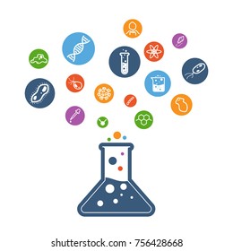 Colorful science flat icon flies out from the erlenmeyer flask, vector illustration