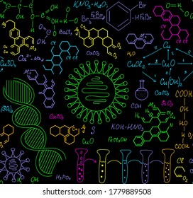 Colorful scientific vector seamless pattern with multicolored plots, chemistry formulas, handwritten dna strands and viruses, laboratory equipment