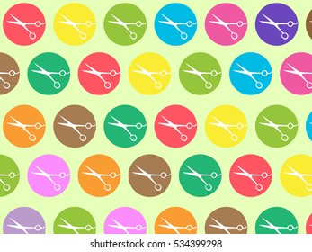 Colorful scissors in circle on light green background