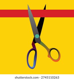 Colorful scissors cutting a red ribbon against a bright yellow background, symbolizing a grand opening.