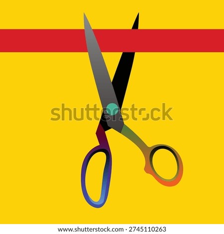 Colorful scissors cutting a red ribbon against a bright yellow background, symbolizing a grand opening.
