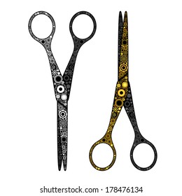 Colorful scissors for hairdresser. Scissors with abstract floral pattern for your design.