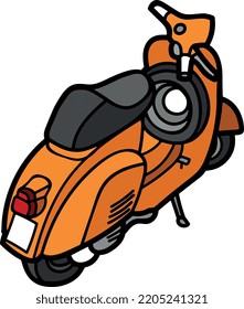 Motocicleta de nuevo closeup colorido vector o ilustración dibujar 3d vieja motocicleta de vehículo de transporte de scooter e-scooter.
