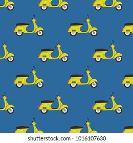 Colorful scooter pattern. Yellow retro scooter on blue background. Vector illustration.