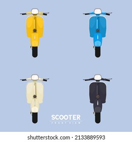 una scooter colorida que da a la parte delantera sobre un fondo pastel.
