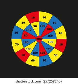 Colorful scoring target. Blue red yellow segments. Numeric radial layout. Geometric dartboard vector.