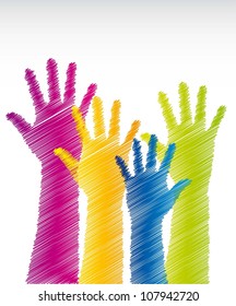 colorful scrawled hands over white background. vector illustration