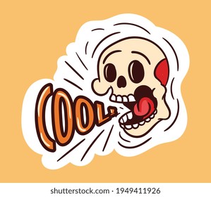 Colorful screaming skull sticker with cool lettering. Old school style of art. Stylish vintage screaming drawing skeleton. Flat cartoon vector illustration