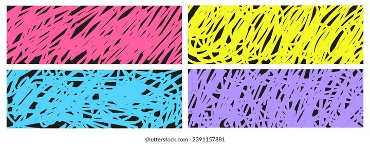 Colorful scribble doodle backgrounds set vector illustration. Abstract hand drawn grunge texture, graffiti backdrop, marker sketch banners