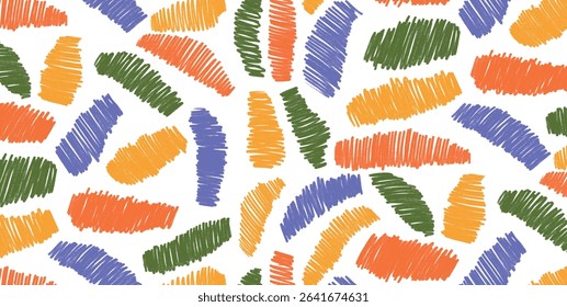 Colorful scribble lines in abstract seamless pattern. Hand drawn sketch style geometric shapes with crayon texture. Simple childish design for textile, wallpaper, background. Vector illustration.