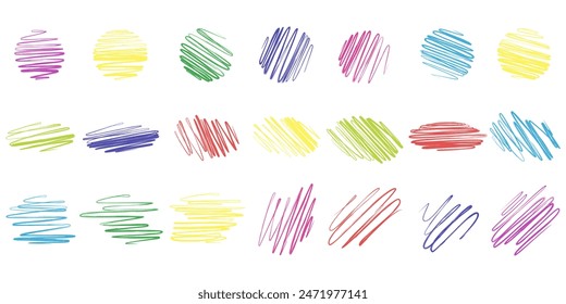  Colorful scribble set. A vibrant set of colorful scribbles in various shapes and styles. Perfect for adding a playful and artistic touch backgrounds, and illustrations.