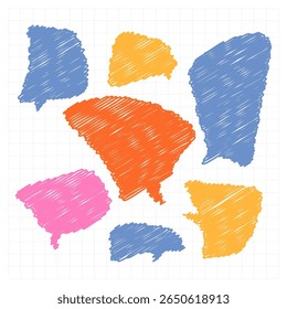 Bolhas coloridas de fala rabiscar estilo de esboço desenhado à mão da coleção para citação ou comunicação da mensagem da nota