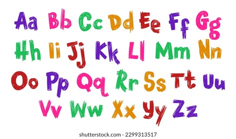 Colorful scribbled letters. Lower and upper case. Irregular children's style.