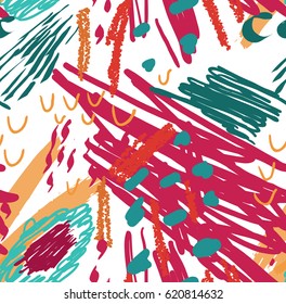 Colorful scribbles with dots .Abstract seamless pattern. Universal bright background for greeting cards, invitations. Had drawn ink and marker watercolor texture.