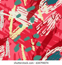 Colorful scribbles with dots. Abstract seamless pattern. Universal bright background for greeting cards, invitations. Had drawn ink and marker watercolor texture.