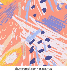 Colorful scribbles with dots .Abstract seamless pattern. Universal bright background for greeting cards, invitations. Had drawn ink and marker watercolor texture.