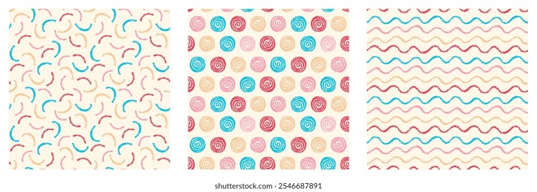 Conjunto de padrões coloridos Scribbles sem costura. Manchas de rabiscar, linhas onduladas, fundos de rabiscos. Textura giz de lápis de giz de cera desenhado à mão. Modelo para capa de crianças, envoltório, embalagem, impressão têxtil