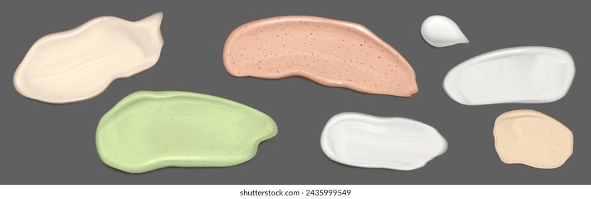 Colorful scrub or cream with grains texture swatch. Realistic vector illustration set of face cosmetic or body lotion smear with cleanser particles. Creamy skincare green and beige smudge sample.