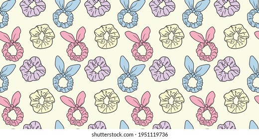 Colorful scrunchies repeat pattern, hair tie seamless design with scrunchy elements, girly background, cute wallpaper