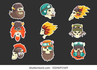Colorful Scull Stickers With War And Biker Culture Attributes Set Of Vector Icons