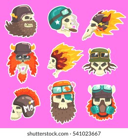 Colorful Scull Stickers With War And Biker Culture Attributes Set Of Vector Icons