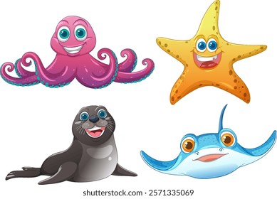 Colorful sea animals with happy expressions and smiles