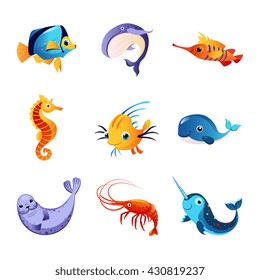 Colorful Sea Animals Set Of Cute Bright Color Childish Design Vector Illustrations Isolated On White Background