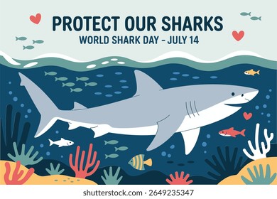 Fundo do mar colorido com tubarões natação para o dia mundial do tubarão 14 de julho vida marinha proteger nossos tubarões distintivo